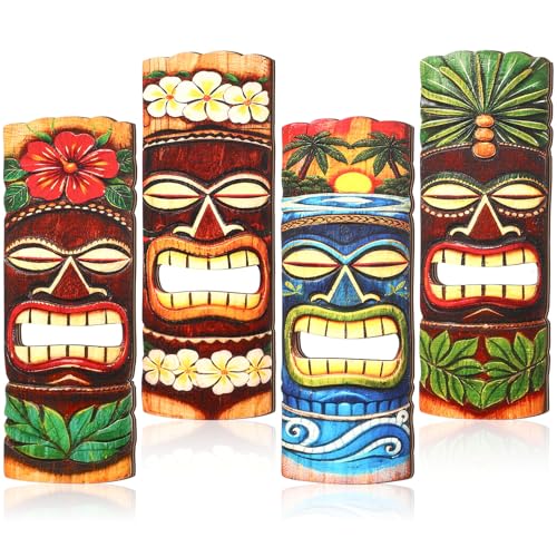 Soulchen 4 Pcs 11.8 Inch Wooden Tiki Masks Tiki Totem Hanging Decor Island Tropical Polynesian Hawaiian Luau Bar Party Wall (Hawaiian Floral)