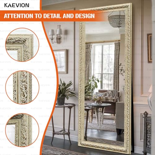 Image of 65 inchx22 inch (5.25 ft) Ornate Antique Full-Length Floor Dressing Mirror with Stand, Vintage Off-White Cheval Mirror for Bedroom, Living Room, Boutique