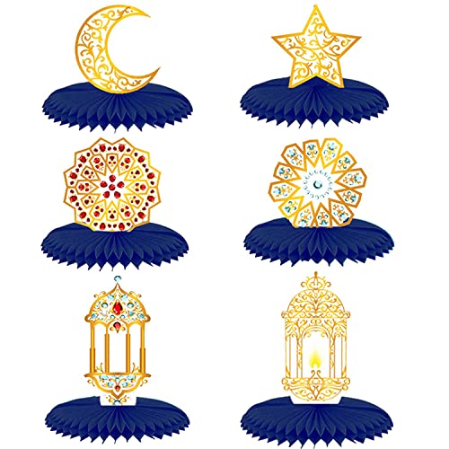 Weforu 6 piezas de centro de mesa Eid Mubarak de panal, 3D Ramadán Mubarak decoración de fiesta con estrella dorada y luna para fiesta Eid Al-fitr Cover