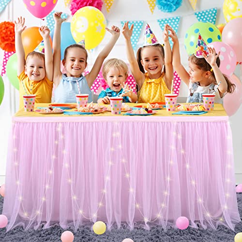 Netbros Pink Table Skirt, 14Ft Tulle Table Skirt With Lights For Rectangle Table Or Round Table, Tutu Table Skirts For Birthday Party, Baby Shower, Banquet, Wedding (L14(Ft), H30In) #TOP6