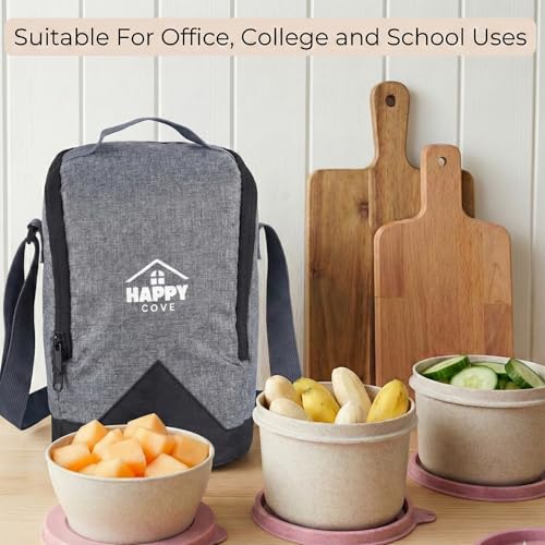 Image of Happy Cove Eco Friendly Lunch Box for Office Use | Biocomposite Wheat Straw, Rice Husk & Bamboo Fibre | 3 Pink Containers with Grey Lunch Bag | Microwave & Oven Safe | Unbreakable Tiffin Box for Men