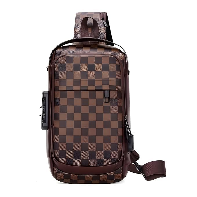 Checkered Anti-Theft Sling Bag with USB Charging Port | Water-Resistant Crossbody Chest Backpack with Password Lock for Men & Women-image-7