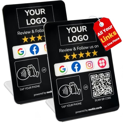 Custom Review Tap Card Stand for Google & Social Media Sign (2 Pack)– NFC & QR Code Enabled – All-in-One “Review Us” & “Follow Us” Sign for Google, Instagram, Facebook, TikTok, Booking & More – No App, No Fees – For Business, Salon, Café, Restaurant