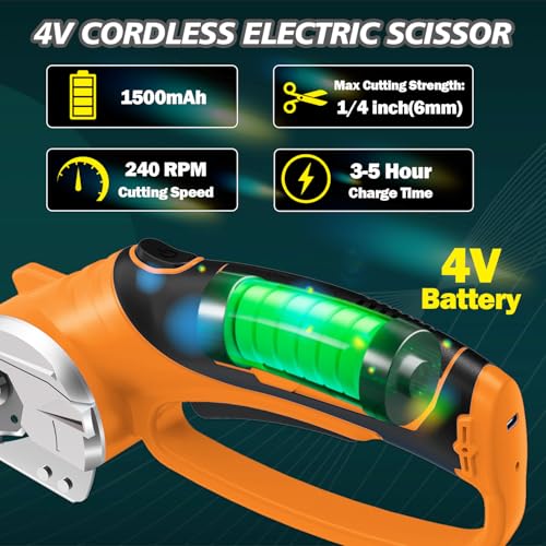Image of Cordless Electric Scissors, 4V Rechargeable Box Cutter & Cardboard Cutter with LED Light, Safety Lock - Rotary Cutter for Fabric, Leather, Carpet, Plastic, Crafting, Sewing with Storage Box (Orange)