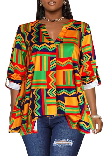 Afibi Women's Casual African V Neck Long Sleeve Tunic Tops