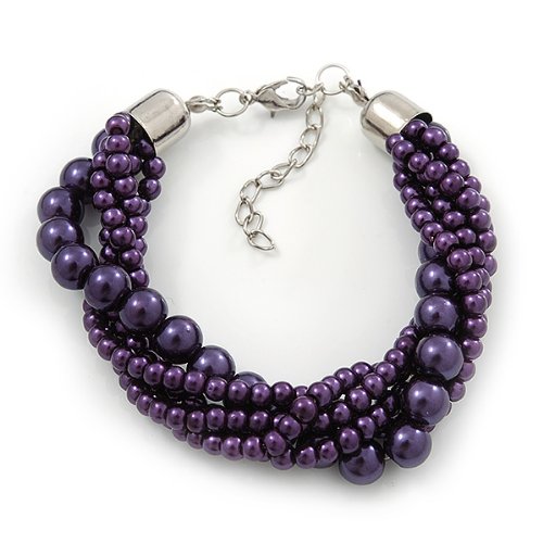 Collar de perlas de cristal imitación morado con pulsera y pendientes 34 cm 5