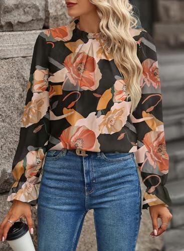 Women's Swiss Dot Shirt Ruffle Long Sleeve Pleated Crewneck Blouse Casual Loose Tops3