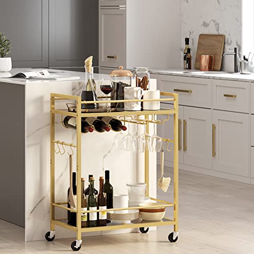 Tutotak Bar Cart, Serving Cart For Home, Microwave Cart, Drink Cart, Mobile Kitchen Shelf With Wine Rack And Glass Holder, Rolling Beverage Cart, Gold Bc01Bb031 #TOP2
