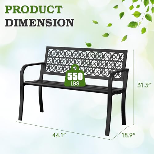 Optmspic 44\" Outdoor Garden Bench, Iron Metal Frame Patio Bench with Backrest Armrests, Weatherproof Anti-Rust Outdoor Bench for Front Porch, Park, Yard, Patio (411-Black) - Thumbnail 2