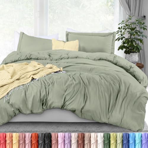 Image of Duvet Cover King, 3 Piece Cotton Like Polyester With Zipper Closure, Sage