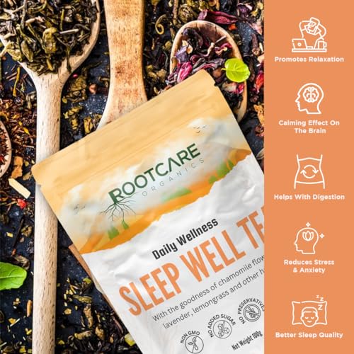 Image of Rootcare Organics Sleep Well Tea | Herbal Tea with Green Tea, Chamomile, Lavender & Lemongrass | Promotes Better Sleep & Reduces Stress | Supports Digestion | 100% Natural | 100g Pack Of 1 Month