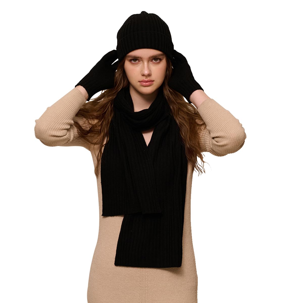YUONNY Winter Beanie Mütze Schal Handschuhe Set 100% Merinowolle für Damen Herren, Weiche Warm Strickmütze mit Bündchen, Langer Schal und Vollfinger Fäustlinge 3-in-1 Set für Outdoor Sport Ski