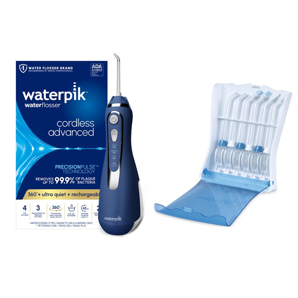 Bundle with Waterpik Blue Cordless Advanced 2.0 Water Flosser WP-583 and Tips Storage Case with 6 Count Genuine Waterpik Water Flosser Tips, Rechargeable, Portable Oral Irrigator for Travel & Home