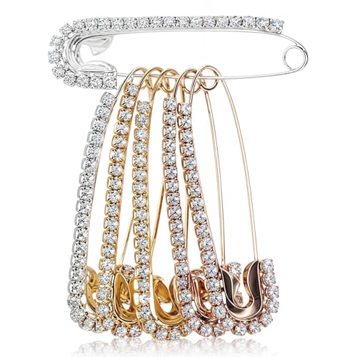 6 Pcs Rhinestone Safety Pins Fancy Safety Pins for Clothes Faux Crystal Brooch Clips for Women Sweater Shirt Dress Hat Scarf Decoration (Gold & Sliver & Rose Gold)