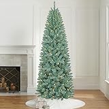 Assilyraft 7.5FT Prelit Slim Artificial Christmas Tree with 843 Branch Tips, 250 Dual-Color LED Lights and Metal Stand, Realistic Skinny Pencil Blue Spruce Tree with Multi-Function Lights