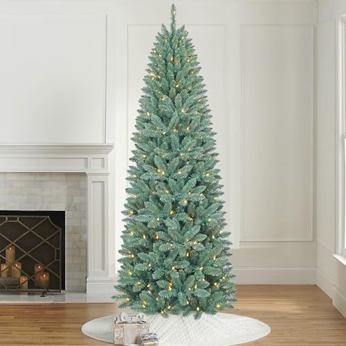 Assilyraft 7.5FT Prelit Slim Artificial Christmas Tree with 843 Branch Tips, 250 Dual-Color LED Lights and Metal Stand, Realistic Skinny Pencil Blue Spruce Tree with Multi-Function Lights