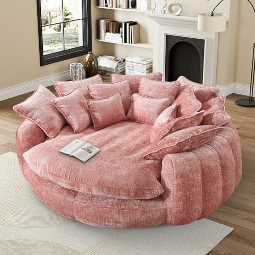 Image of 81 inch Round Sofa Bed Big Bean Bag Round Chaise Lounge Oversized Round Couch Boneless Reading Chair Plush Fluffy Chenille Large Chaise Chair for Living Room, Bedroom, Apartment, Pink