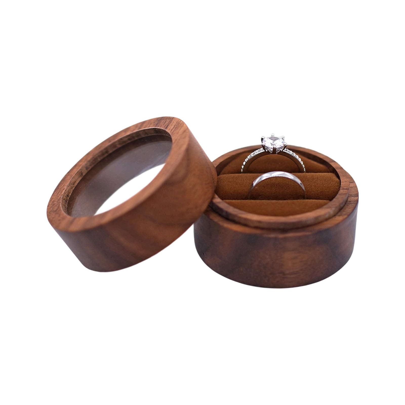 Tsophreniq Oo Round Wood Rings Holder Wedding Rings Display Case Jewellery Organiser Storage Chest For Engagement Proposal Anniversary Container