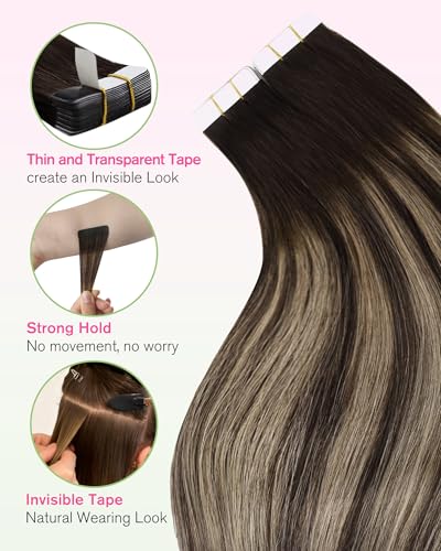 Image of YoungSee Dark Brown Tape in Hair Extensions, Balayage Tape Hair Extensions Real Human Hair, Dark Brown Roots Ombre Ash Blonde, Hair Extension Tape in Ombre, for Short Hair, 12 Inch 20pcs 30g