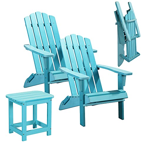 Polyteak Set Of 2 Folding Adirondack Chairs With Side Table Patio Set, Premium Weather Resistant Poly Lumber, Outdoor Deck Furniture, Up To 300 Lb Plastic Adirondack Chairs, Classic Collection - Blue #TOP25