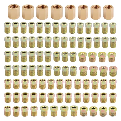 100PCS Brake Line Fittings Durable Brake Line Kit Assortment for 42PCS 1/4 & 58PCS 3/16 Inverted Pipe Nut and Connection Brakes Lines Fitting Kit for Cars SUVs Trucks