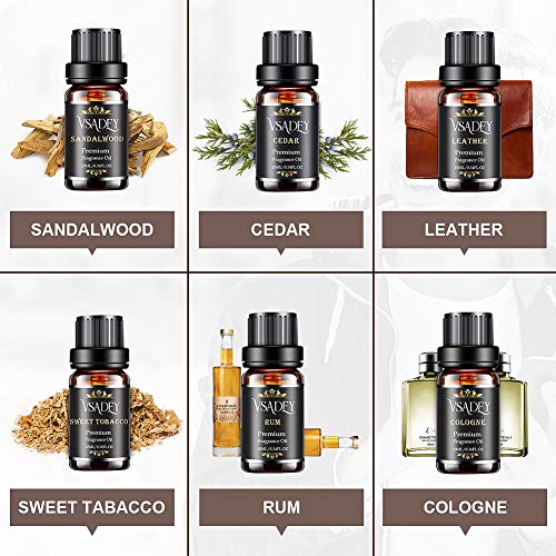 Fragrance Oil for Candle Making,Vsadey Gentleman\'s Essential Oils Set for Aroma Diffusers Pleasing Aromatherapy Scents Like Sweet Tobacco Sandalwood Cedar Leather Rum Cologne Set of 6 (10ML) - Thumbnail 4