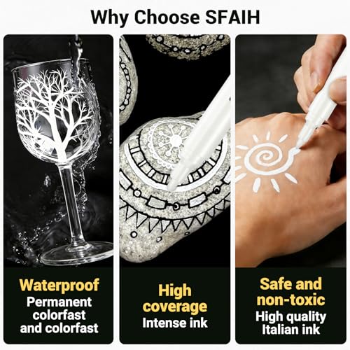 Image of SFAIH Acrylic White Paint Pens - 16 Pack 2-3MM Medium Tip & 0.7MM Extra Fine Paint Marker for Rock Painting, Wood, Metal, Fabric, Plastic, Canvas, Glass, Ceramic, Diy Crafts, White Out Pen
