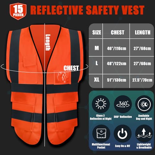 Image of JaGely 15 Pack Safety Vests with Pockets Zipper,Large,Orange Red