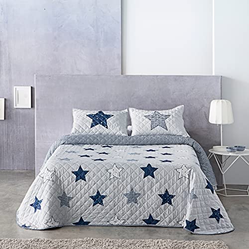 BarceloHogar Colcha Bouti Reversible. Colcha Suave. Bouti. Colcha Primavera Otoño. Cubre Cama Multiusos Estampado Bonito. Star Gris y Azul (135 cm)