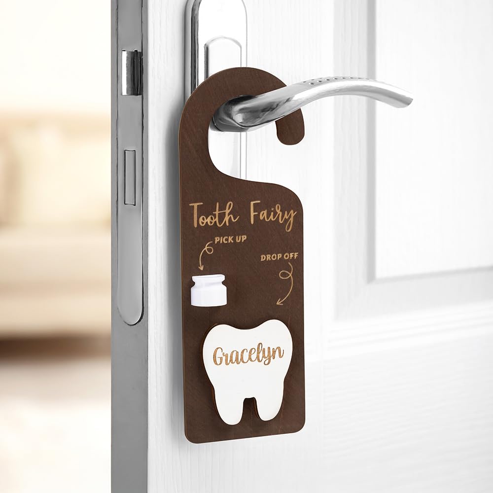 Custom Tooth Fairy Door Hanger, Personalized Engraved Name Wooden Tooth Fairy Money Holder with Money Slot and Tooth Pickup Box Gift for Kids