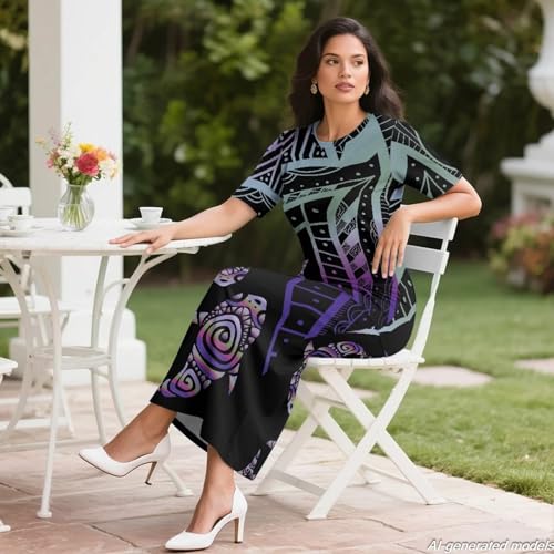 Image of Polynesian Dress for Women Short Sleeve High Waist Maxi Skirt | Puletasi dress, t-shirt and skirt two-piece, elastic material, lightweight, soft, plus size, luau party, wedding, clubwear