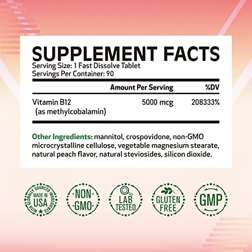 Remediate Vitamin B12, Methylcobalamin 5000 Mcg, Energy Production, Red Blood Cells Formation & Healthy Nervous System, Vegan, Natural Peach Flavor, No Sugar, Non-Gmo, 90 Fast Dissolve Tablets #TOP1
