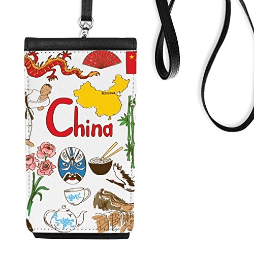Sac à main téléphone en cuir noir motif panda de Chine illustré pour smartphone