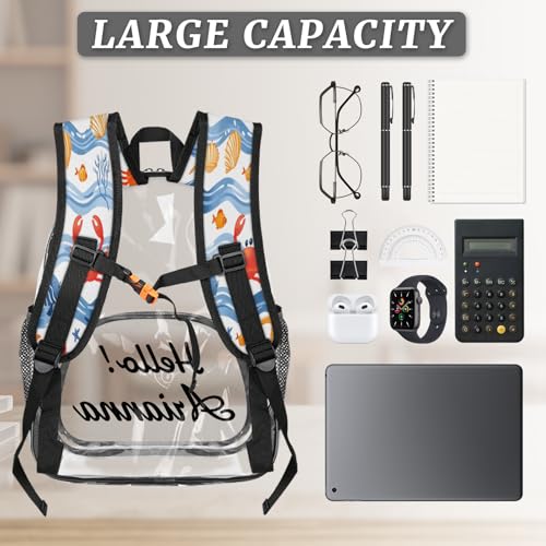 Coastal Starfish Crab Personalized Small Clear Backpack Heavy Duty for Stadium Approved Custom Summer Beach PVC Transparent Backpack with Name See Through Bag for Concerts3
