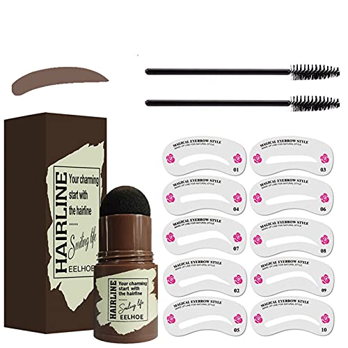 Sliya One Step EyeBrow Stamp Kit, Professional Eye brow Shaping Pencil Powder Long Lasting Waterproof Makeup Set with 10 Reusable Eyebrow Stencils 2 Eyebrow Pen Brushes (Brown),13 Piece Set