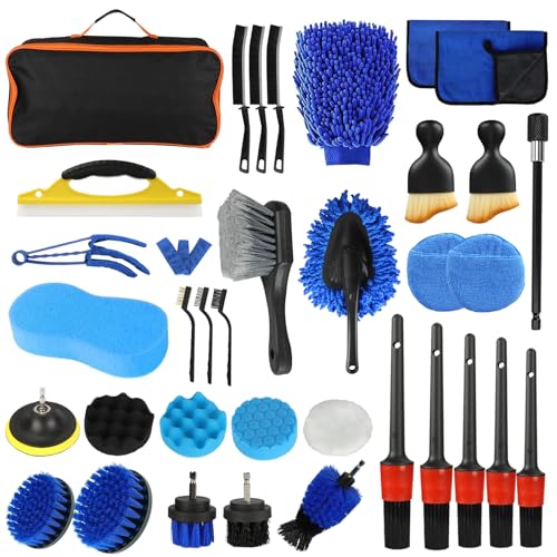 KIMIGO 36pcs Brosse Nettoyage Voiture,Brosse de Jante Voiture,Kit de Lavage de Voiture,Kit de Brosse Nettoyage Voiture Interieur Exterieur,Brosse Nettoyage Perceuse Électrique,Sac de Transport Inclus
