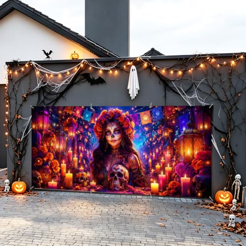Image of Catrina Sugar Skull Garage Door Cover 6x13 ft, Halloween