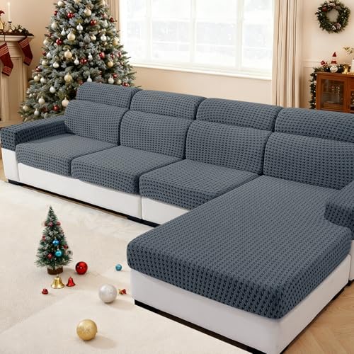 MAXIJIN Couch Cushion Covers for Sectional Sofa, Stretch Sofa Cushion Cover Washable Furniture Protector with Elastic Bottom & Non-Slip Strap for Pets Kids (2 Seater + 1 Chaise, Dark Gray)