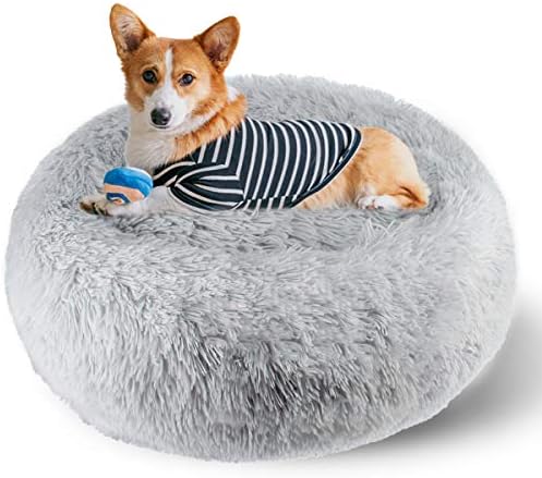 ETACCU Plush Dog Bed, Pet Bed for Cats, Washable Round Cushion Puppy Sofa, Soft Donut Cuddler Dog Calming Bed with Non-Slip Bottom, Cat Nest Bed (60cm, Light Grey)
