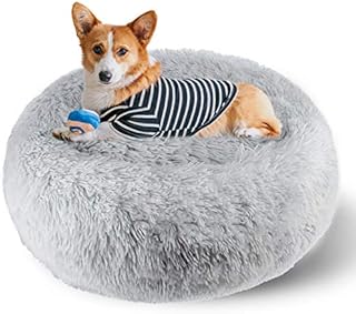 ETACCU Plush Dog Bed, Pet Bed for Cats, Washable Round Cushion Puppy Sofa, Soft Donut Cuddler Dog Calming Bed with Non-Slip Bottom, Cat Nest Bed (60cm, Light Grey)