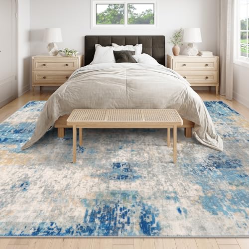 Lahome Modern Abstract 9x12 Area Rugs for Living Room, Washable Living Room Rug for Bedroom Low Pile Non Slip, Soft Indoor Accent Carpet for Dining Room Table Apartment, Blue/Grey