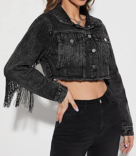 Lifeshe Fringe Cropped Denim Jacket For Women Tassel Ripped Distressed Jean Jacket With Rhinestone #TOP1