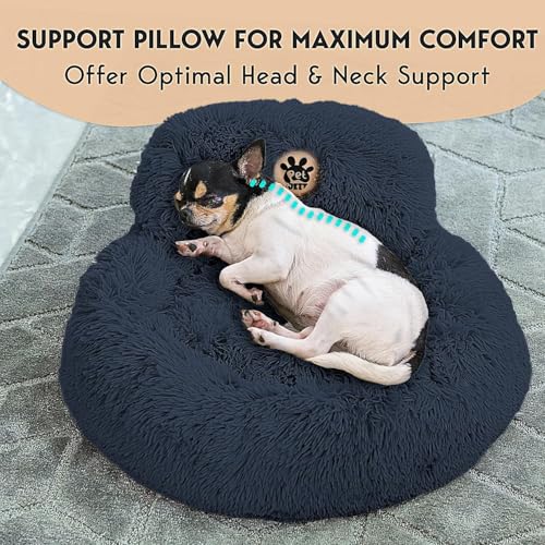 PetJett Calming Small Dog Bed - 23'' Round Dog Beds, Anti-Slip & Washable Puppy Bed - Super Soft Fluffy Plush Faux Fur Pet Bed, Anti-Anxiety Premium Comfort Donut Bed, Fits Dogs upto 25 lbs, Dark Gray - Image 3