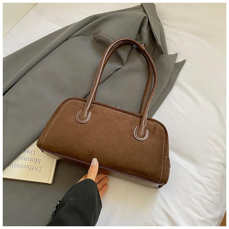 Ladies Elegant Boston Bag Suede Leather Handbag Vintage Shoulder Bag (Coffee)3