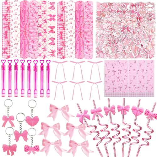 QZYCMHOO 134Pcs Bow Party Favors Pink Party Favors with Bowkont Stickers Keychains Slap Bracelets Gift Bags Bow Coquette Birthday Decorations Supplies for Women