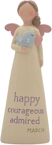 Blossom Bucket Ángel de piedra natal: marzo, 5.25 pulgadas de altura, blanco, resina, figurilla, decoración del hogar