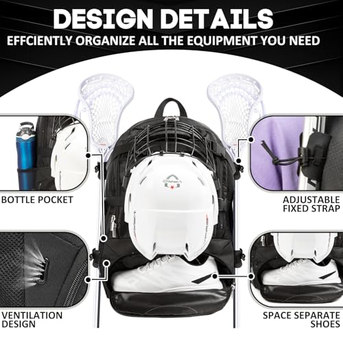 MARITTON Lacrosse Bag Backpack – Large Backpack Holds All Lacrosse or Field Hockey Equipment - Two Stick Holders and Separate Cleats Shoe Compartment. (BLK) - Thumbnail 4