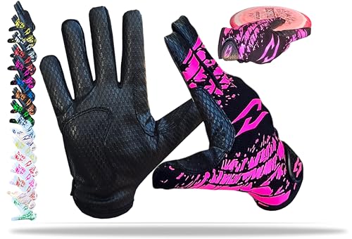 Disc Golf Gloves Ultimate Frisbee - Gripz Grip Palm Friction Fingers Lightweight Breathable Light Men Adult Premium Enhance Non-Slip Pair Leather Stretch Warm (Black - Pink, Adult Small)