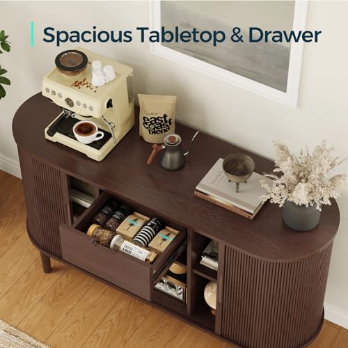 LINSY HOME Sideboard Buffet Cabinet with Storage, 55" Fluted Coffee Bar Cabinet with Tambour Sliding Doors and Drawer, Mid Century Modern Wood Storage Buffet Table for Kitchen, Living Room, Walnut - Image 6