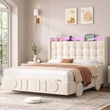 Keyluv Queen Car Bed Frame with LED Lights and Charging Station, Upholstered Platform Bed with Button Tufted Headboard and Wheels, No Box Spring Needed, Noise-Free, Easy Assembly, Velvet Beige